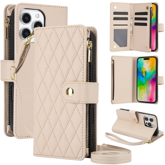 ELEHOLD Premium Leather Wallet Case For iPhone 14 Pro Max, Zipper Folio with 6 Card Slots Cash Pocket Magnetic Closure Protective Flip Wallet Case Cover with Wrist/Shoulder Strap,Apricot