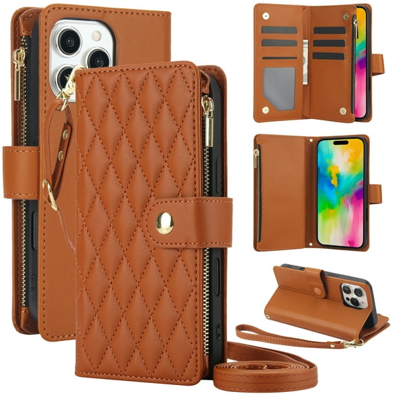 ELEHOLD Premium Leather Wallet Case For iPhone 14 Pro Max, Zipper Folio with 6 Card Slots Cash Pocket Magnetic Closure Protective Flip Wallet Case Cover with Wrist/Shoulder Strap,Brown