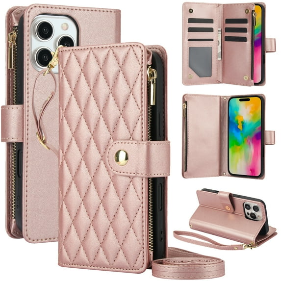 ELEHOLD Premium Leather Wallet Case For iPhone 15, Zipper Folio with 6 Card Slots Cash Pocket Magnetic Closure Protective Flip Wallet Case Cover with Wrist/Shoulder Strap,Rosegold