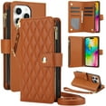 thumbnail image 1 of ELEHOLD Premium Leather Wallet Case For iPhone 15, Zipper Folio with 6 Card Slots Cash Pocket Magnetic Closure Protective Flip Wallet Case Cover with Wrist/Shoulder Strap,Brown, 1 of 10