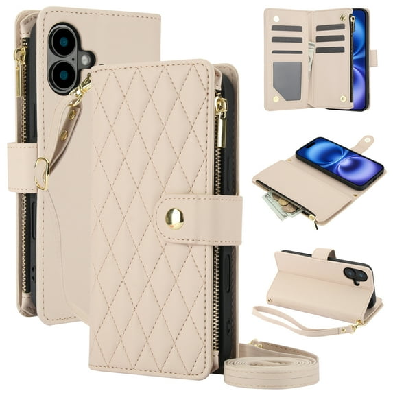 ELEHOLD Premium Leather Wallet Case For iPhone 16 Plus, Zipper Folio with 6 Card Slots Cash Pocket Magnetic Closure Protective Flip Wallet Case Cover with Wrist/Shoulder Strap,Apricot