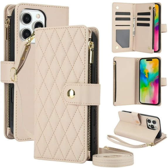 ELEHOLD Premium Leather Wallet Case For iPhone 16 Pro, Zipper Folio with 6 Card Slots Cash Pocket Magnetic Closure Protective Flip Wallet Case Cover with Wrist/Shoulder Strap,Apricot