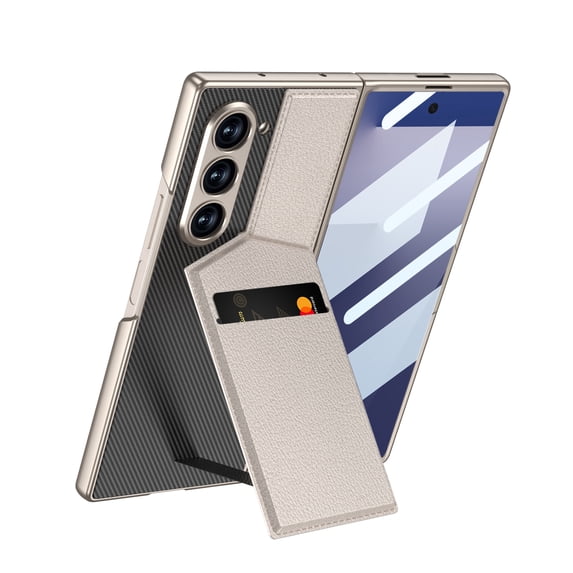 ELEHOLD Premium Rugged Case for Samsung Galaxy Z Fold 6, Faux Leather Flip Kickstand Credit Card Slot Wallet Case With Front Screen Protector, Wireless Charging Compatible,Titaniumgray