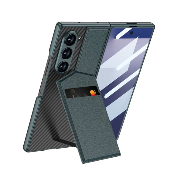 ELEHOLD Premium Rugged Case for Samsung Galaxy Z Fold 6, Faux Leather Flip Kickstand Credit Card Slot Wallet Case With Front Screen Protector, Wireless Charging Compatible,Darkgreen