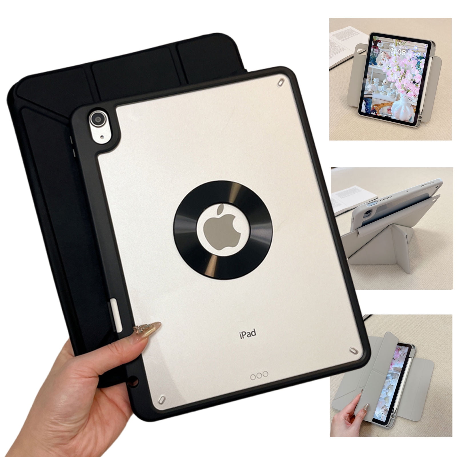 ELEHOLD Premium Tri-Fold Magnetic Tablet Case For iPad Air 11-inch M3 (2025) / M2 (2024) with Pencil Holder, Adjustable Stand Magnetic Detachable Shockproof Back Cover ,Black