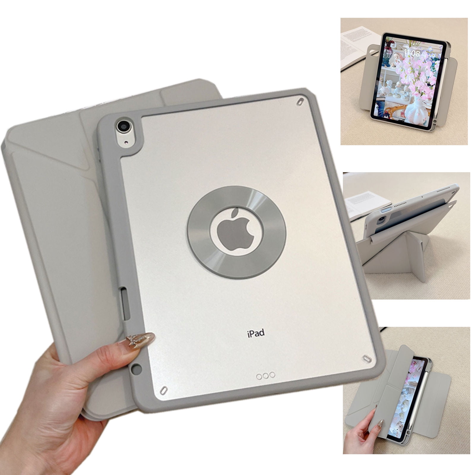 ELEHOLD Premium Tri-Fold Magnetic Tablet Case For iPad Air 11-inch M3 (2025) / M2 (2024) with Pencil Holder, Adjustable Stand Magnetic Detachable Shockproof Back Cover ,Gray