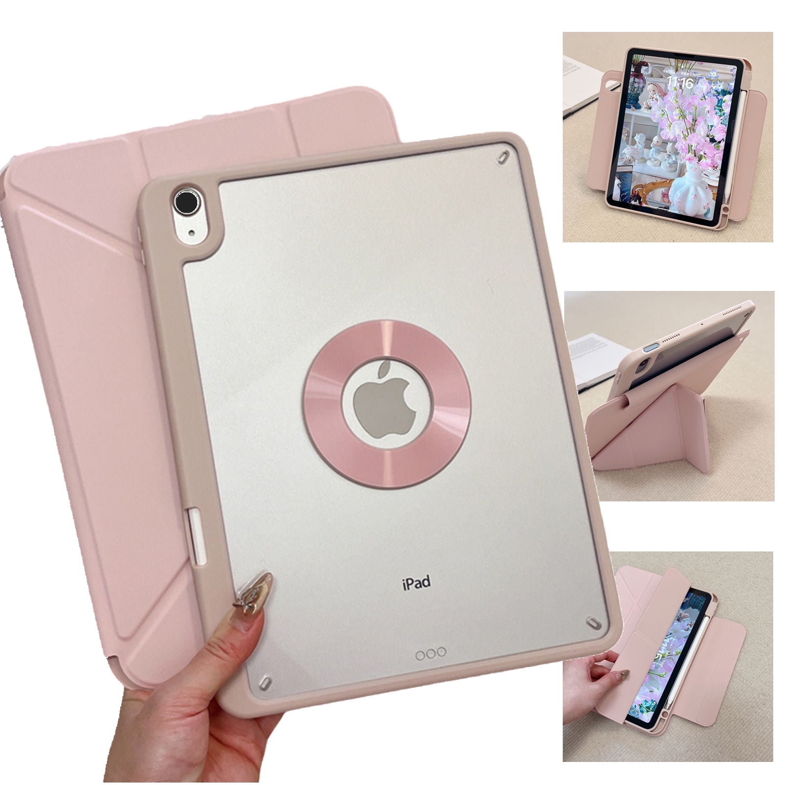 ELEHOLD Premium Tri-Fold Magnetic Tablet Case For iPad Air 11-inch M3 (2025) / M2 (2024) with Pencil Holder, Adjustable Stand Magnetic Detachable Shockproof Back Cover ,Pink