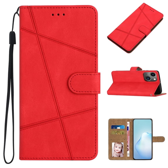 ELEHOLD Premium Vegan Leather Case for iPhone 14 6.1 inch Ultra Slim Leather and Soft TPU with Shockproof Magnetic Closure Hand Strap Wallet Stand Case with Card Slots, Red