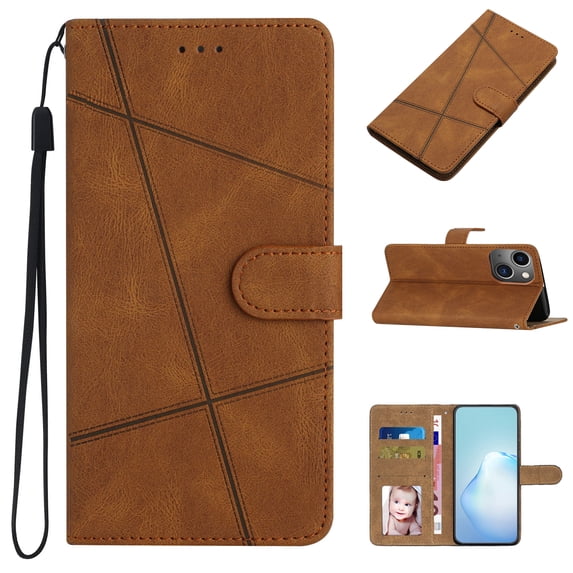 ELEHOLD Premium Vegan Leather Case for iPhone 14 6.1 inch Ultra Slim Leather and Soft TPU with Shockproof Magnetic Closure Hand Strap Wallet Stand Case with Card Slots, Brown