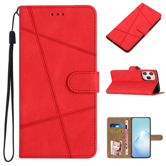 ELEHOLD Premium Vegan Leather Case for iPhone 14 Pro Max 6.7 inch Ultra Slim Leather and Soft TPU with Shockproof Magnetic Closure Hand Strap Wallet Stand Case with Card Slots,Red