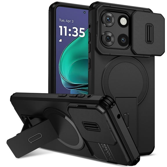 ELEHOLD Protective Case For Motorola Edge (2025) With Sliding Camera Lens Cover, Shockproof Foldable Kickstand Magnetic Rugged PC+TPU  Anti-Scratch Case Cover ,Black