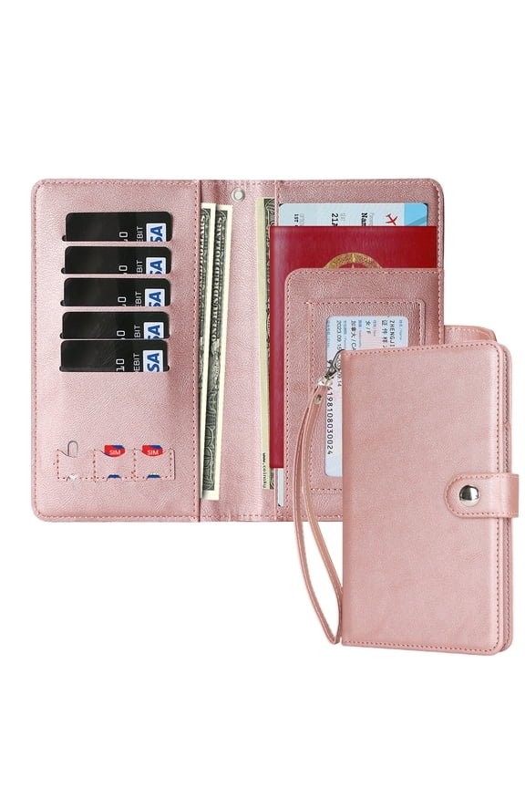 RFID Blocking Passport Holder Wallet Travel Document Organizer with Removable Wrist Strap High-Quality Leather Case for Cards, ID, Passport, Cash for Men Women,Rosegold