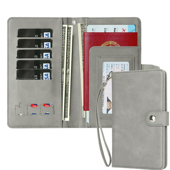 ELEHOLD RFID Blocking Passport Holder Wallet Travel Document Organizer with Removable Wrist Strap High-Quality Leather Case for Cards, ID, Passport, Cash for Men Women,Gray