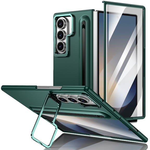 ELEHOLD Rigid Plastic Case for Samsung Galaxy Z Fold8 Ultra, Shockproof Cover with Pen Slot Stylus, Included Camera Kickstand, Built-in Glass Screen Protector, Darkgreen