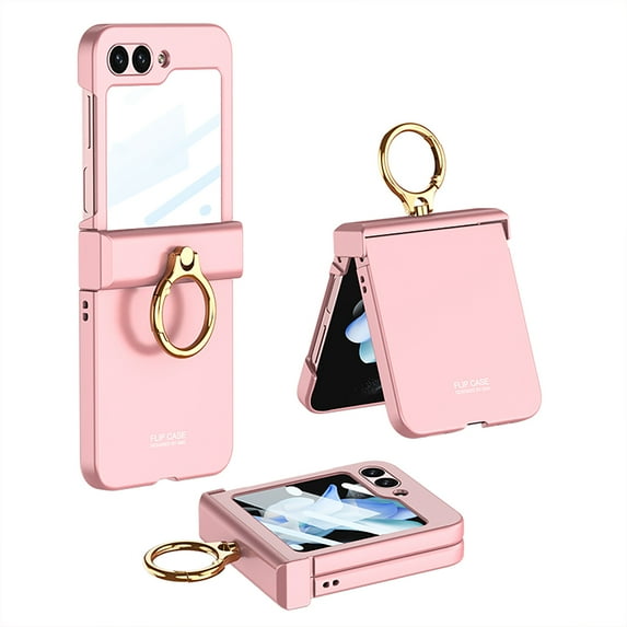 ELEHOLD Ring Case for Samsung Galaxy Z Flip 5 Case with Built-in Small Front Screen Protector Hinge Protection Metal Ring Holder Matte PC Shockproof Cover for Samsung Z Flip 5 2023,Pink