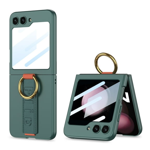 ELEHOLD Ring Case for Samsung Galaxy Z Flip 5 Case with Small Front Screen Protector, Ultra Slim Matte PC Protective Cover with Ring Holer Wristband Shockproof Case for Samsung Z Flip5 2023,Green