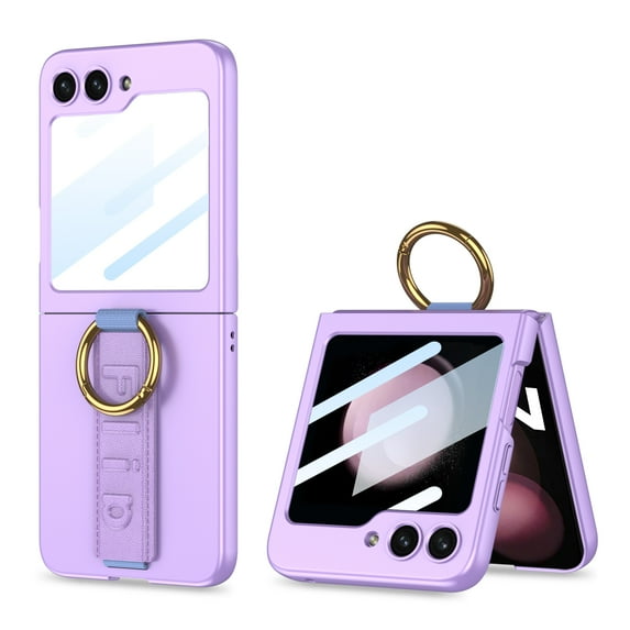 ELEHOLD Ring Case for Samsung Galaxy Z Flip 5 Case with Small Front Screen Protector, Ultra Slim Matte PC Protective Cover with Ring Holer Wristband Shockproof Case for Samsung Z Flip5 2023,Purple