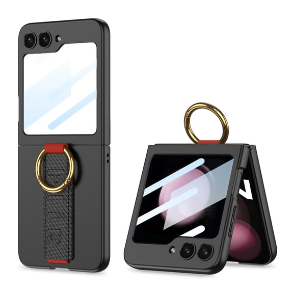 ELEHOLD Ring Case for Samsung Galaxy Z Flip 5 Case with Small Front Screen Protector, Ultra Slim Matte PC Protective Cover with Ring Holer Wristband Shockproof Case for Samsung Z Flip5 2023,Black