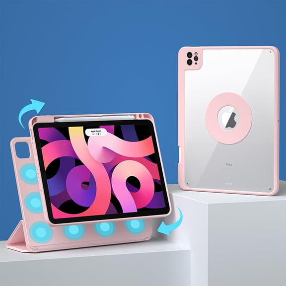 ELEHOLD Rotating Case for For iPad mini6/mini2024 with Pencil Holder - 360 Degree Rotate Stand Protective Case with Clear Back & Magnetic Detachable Smart Sleep/Wake Cover - Pink