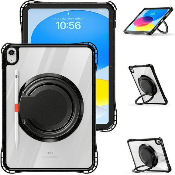 ELEHOLD Rotating Shockproof Case For Apple iPad 11th 10th Gen Full Body Protection Clear Rugged Cover, 360° Rotating Ring Hand Grip Stand, Nylon Shoulder Strap,Black