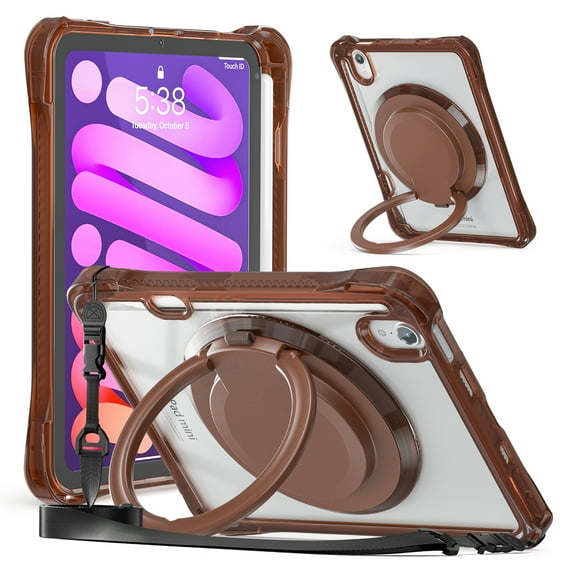 ELEHOLD Rotating Shockproof Case For iPad Mini 7th(A17 Pro) 2025/ 6th Generation 2022, Full Body Protection Clear Rugged Cover, 360° Rotating Ring Hand Grip Stand, Nylon Shoulder Strap,Chocolate