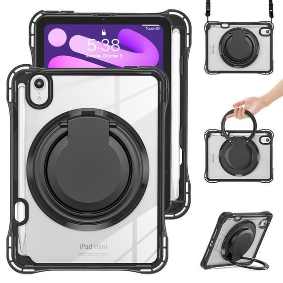 ELEHOLD Rotating Shockproof Case For iPad Mini 7th(A17 Pro) 2025/ 6th Generation 2022, Full Body Protection Clear Rugged Cover, 360° Rotating Ring Hand Grip Stand, Nylon Shoulder Strap,Black
