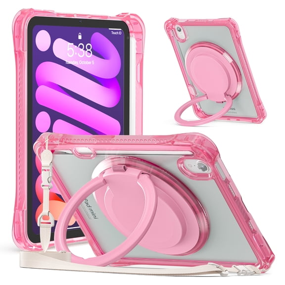 ELEHOLD Rotating Shockproof Case For iPad Mini 7th(A17 Pro) 2025/ 6th Generation 2022, Full Body Protection Clear Rugged Cover, 360° Rotating Ring Hand Grip Stand, Nylon Shoulder Strap,Rose