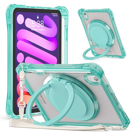 ELEHOLD Rotating Shockproof Case For iPad Mini 7th(A17 Pro) 2025/ 6th Generation 2022, Full Body Protection Clear Rugged Cover, 360° Rotating Ring Hand Grip Stand, Nylon Shoulder Strap,Lightgreen