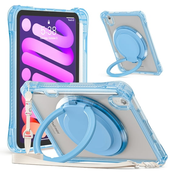 ELEHOLD Rotating Shockproof Case For iPad Mini 7th(A17 Pro) 2025/ 6th Generation 2022, Full Body Protection Clear Rugged Cover, 360° Rotating Ring Hand Grip Stand, Nylon Shoulder Strap,Lightblue