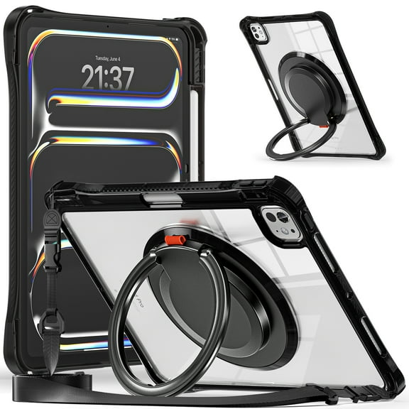 ELEHOLD Rotating Shockproof Case For iPad Pro 13 2024 Full Body Protection Clear Rugged Cover, 360° Rotating Ring Hand Grip Stand, Nylon Shoulder Strap,Black