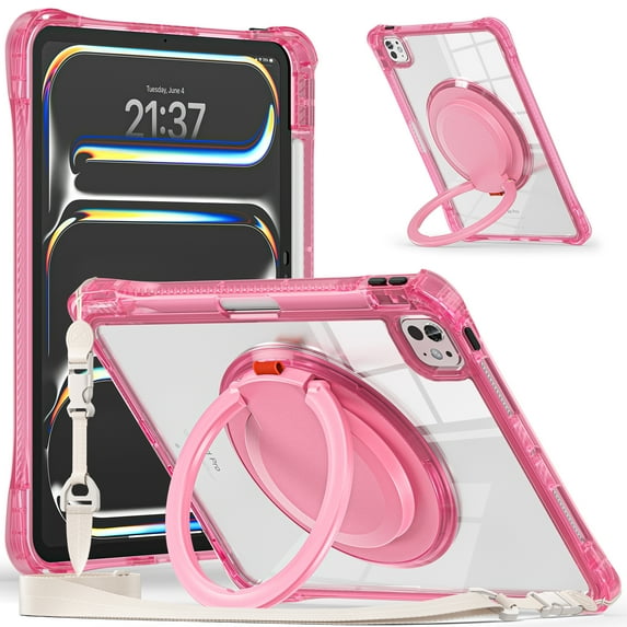 ELEHOLD Rotating Shockproof Case For iPad Pro 13 2024 Full Body Protection Clear Rugged Cover, 360° Rotating Ring Hand Grip Stand, Nylon Shoulder Strap,Rose