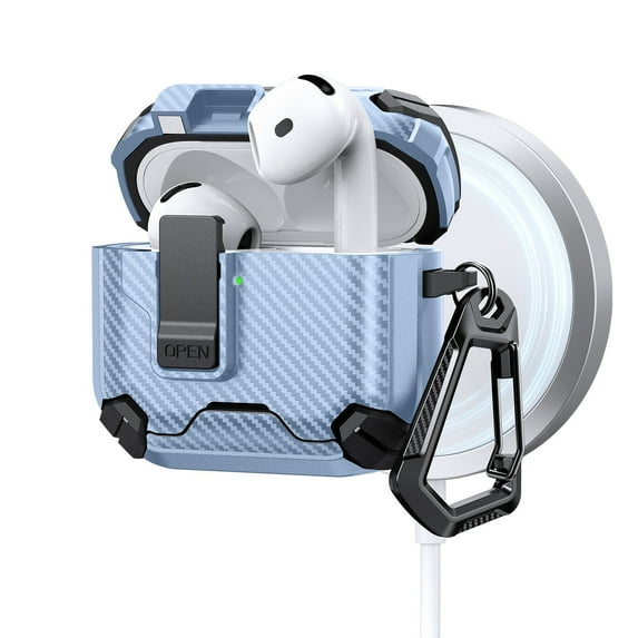 ELEHOLD Rugged AirPods Case For Airpods 4th Gen, Magnetic Charging Support Carbon Fiber Texture Safety Lock Shockproof Protection Case with Carabiner Clip,Skyblue