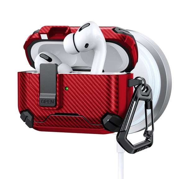 ELEHOLD Rugged AirPods Case For Airpods Pro 3rd Gen (2025), Magnetic Charging Support Carbon Fiber Texture Safety Lock Shockproof Protection Case with Carabiner Clip,Red