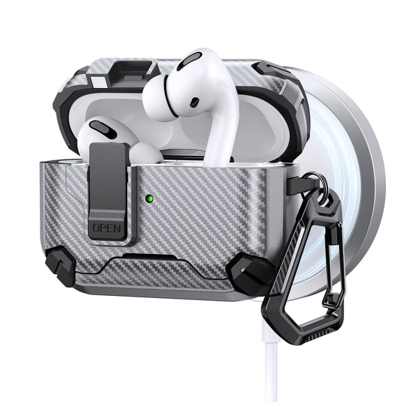 ELEHOLD Rugged AirPods Case For Airpods Pro 3rd Gen (2025), Magnetic Charging Support Carbon Fiber Texture Safety Lock Shockproof Protection Case with Carabiner Clip,Gray