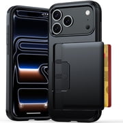 ELEHOLD Rugged Card Holder Phone Case for iPhone 17 Pro Max, Shockproof Protective Cover with Slide Wallet, Black