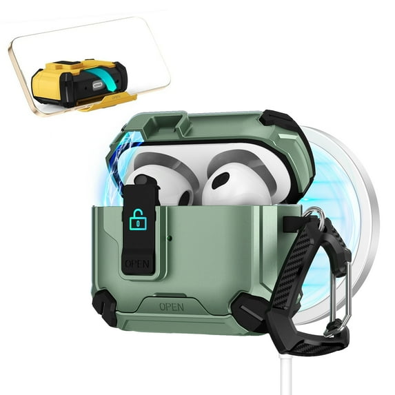 ELEHOLD Rugged Case for AirPods 3rd Gen (2021) with Secure Lock, Auto-Open Design Shockproof Wireless Charging Full Protection Cover with Carabiner Clip for AirPods 3rd Gen (2021),Green