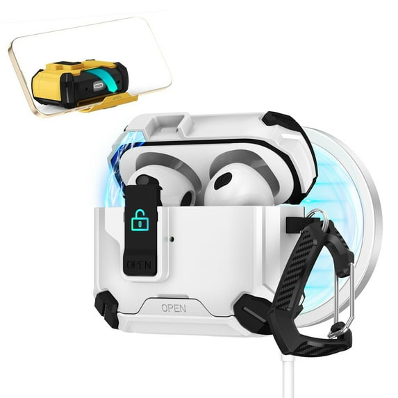 ELEHOLD Rugged Case for AirPods 3rd Gen (2021) with Secure Lock, Auto-Open Design Shockproof Wireless Charging Full Protection Cover with Carabiner Clip for AirPods 3rd Gen (2021),White