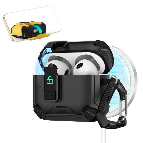 ELEHOLD Rugged Case for Airpods 4th Gen with Secure Lock, Auto-Open Design Shockproof Wireless Charging Full Protection Cover with Carabiner Clip for Airpods 4th Gen,Black