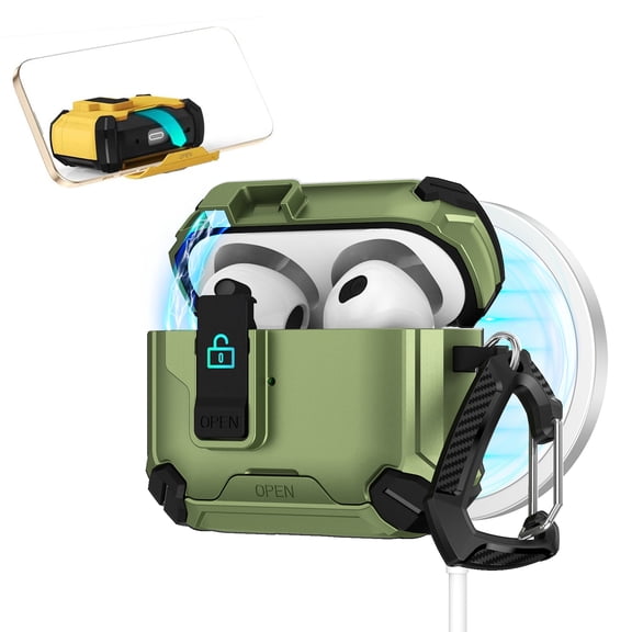 ELEHOLD Rugged Case for Airpods 4th Gen with Secure Lock, Auto-Open Design Shockproof Wireless Charging Full Protection Cover with Carabiner Clip for Airpods 4th Gen,Darkgreen