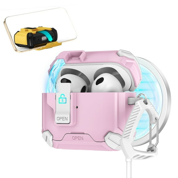 ELEHOLD Rugged Case for Airpods 4th Gen with Secure Lock, Auto-Open Design Shockproof Wireless Charging Full Protection Cover with Carabiner Clip for Airpods 4th Gen,Pinkwhite