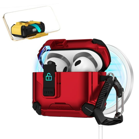 ELEHOLD Rugged Case for Airpods Pro (2019) with Secure Lock, Auto-Open Design Shockproof Wireless Charging Full Protection Cover with Carabiner Clip for Airpods Pro (2019),Red