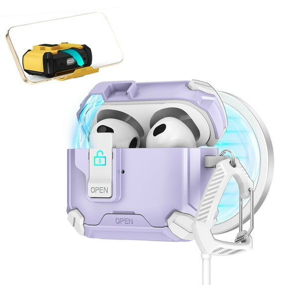 ELEHOLD Rugged Case for Airpods Pro (2019) with Secure Lock, Auto-Open Design Shockproof Wireless Charging Full Protection Cover with Carabiner Clip for Airpods Pro (2019),Purplewhite
