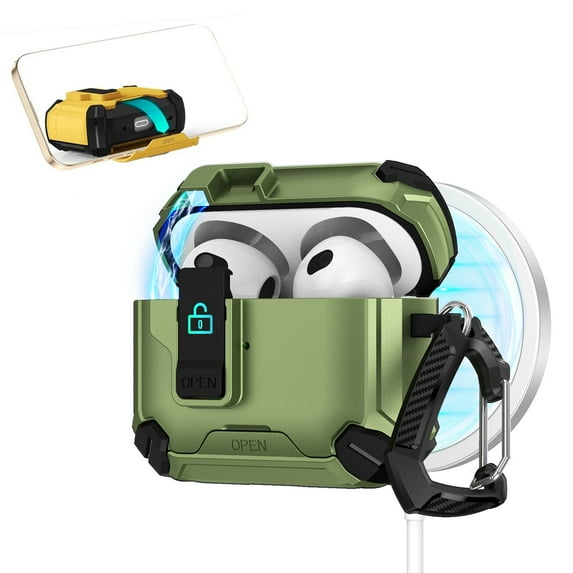 ELEHOLD Rugged Case for Airpods Pro (2019) with Secure Lock, Auto-Open Design Shockproof Wireless Charging Full Protection Cover with Carabiner Clip for Airpods Pro (2019),Darkgreen