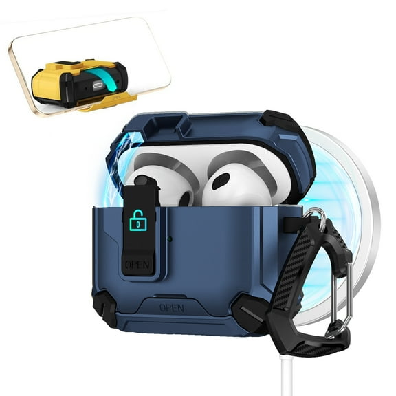 ELEHOLD Rugged Case for Airpods Pro 3rd Gen (2025) with Secure Lock, Auto-Open Design Shockproof Wireless Charging Full Protection Cover with Carabiner Clip for Airpods Pro 3rd Gen (2025),Blue