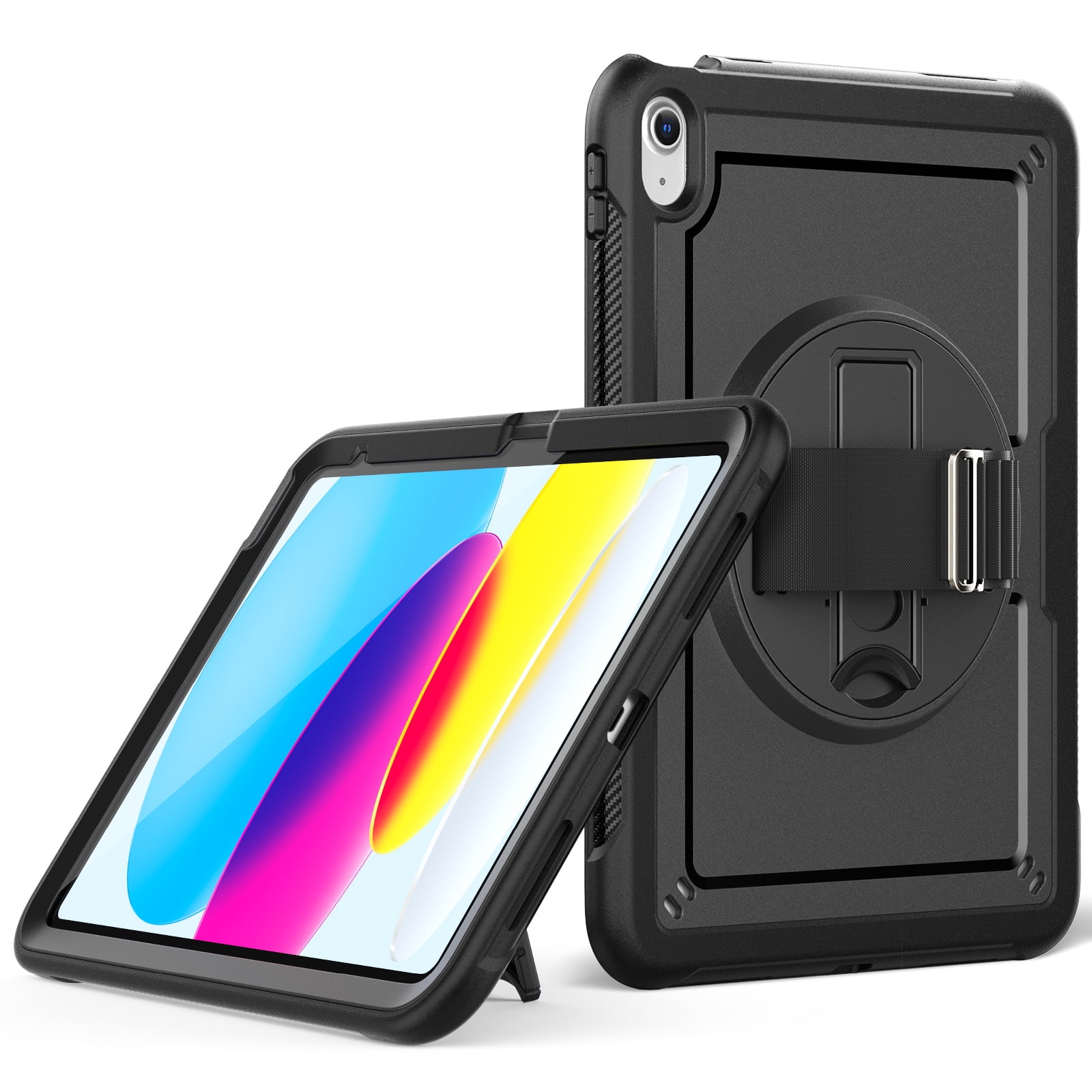 ELEHOLD Rugged Case For Apple iPad 11th(A16) 2025/10th Gen 2022,360 Rotating Stand Hand Strap Shoulder Strap Pencil Holder Full-Body Heavy Duty Shockproof Protective Case,Black