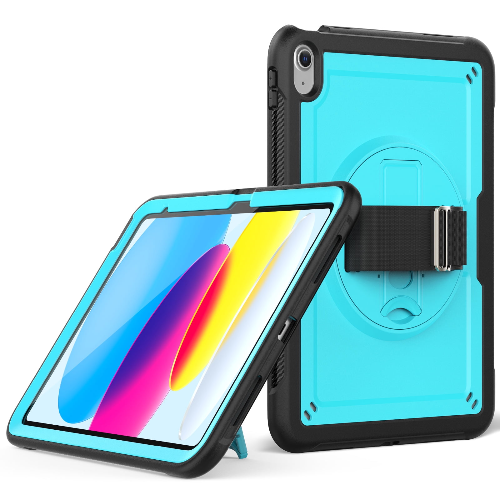 ELEHOLD Rugged Case For Apple iPad 11th(A16) 2025/10th Gen 2022,360 Rotating Stand Hand Strap Shoulder Strap Pencil Holder Full-Body Heavy Duty Shockproof Protective Case,Lightblue