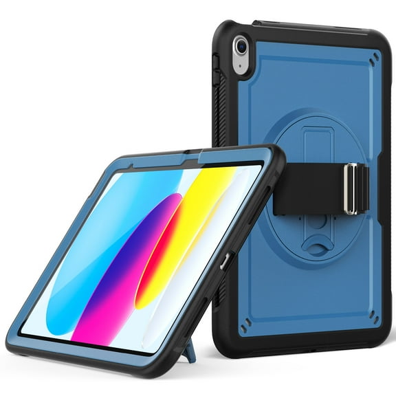 ELEHOLD Rugged Case For Apple iPad 11th(A16) 2025/10th Gen 2022,360 Rotating Stand Hand Strap Shoulder Strap Pencil Holder Full-Body Heavy Duty Shockproof Protective Case,Navyblue