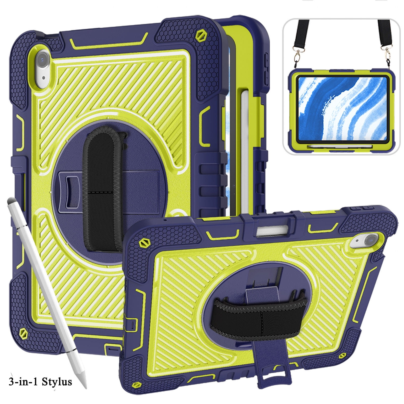 ELEHOLD Rugged Case For Apple iPad 11th(A16) 2025 With 3-in-1 Stylus Pens ,Three-Layer Hybrid  360° Rotating Kickstand Pencil Holder Handstrap Shoulder Strap Shockproof Case ,A