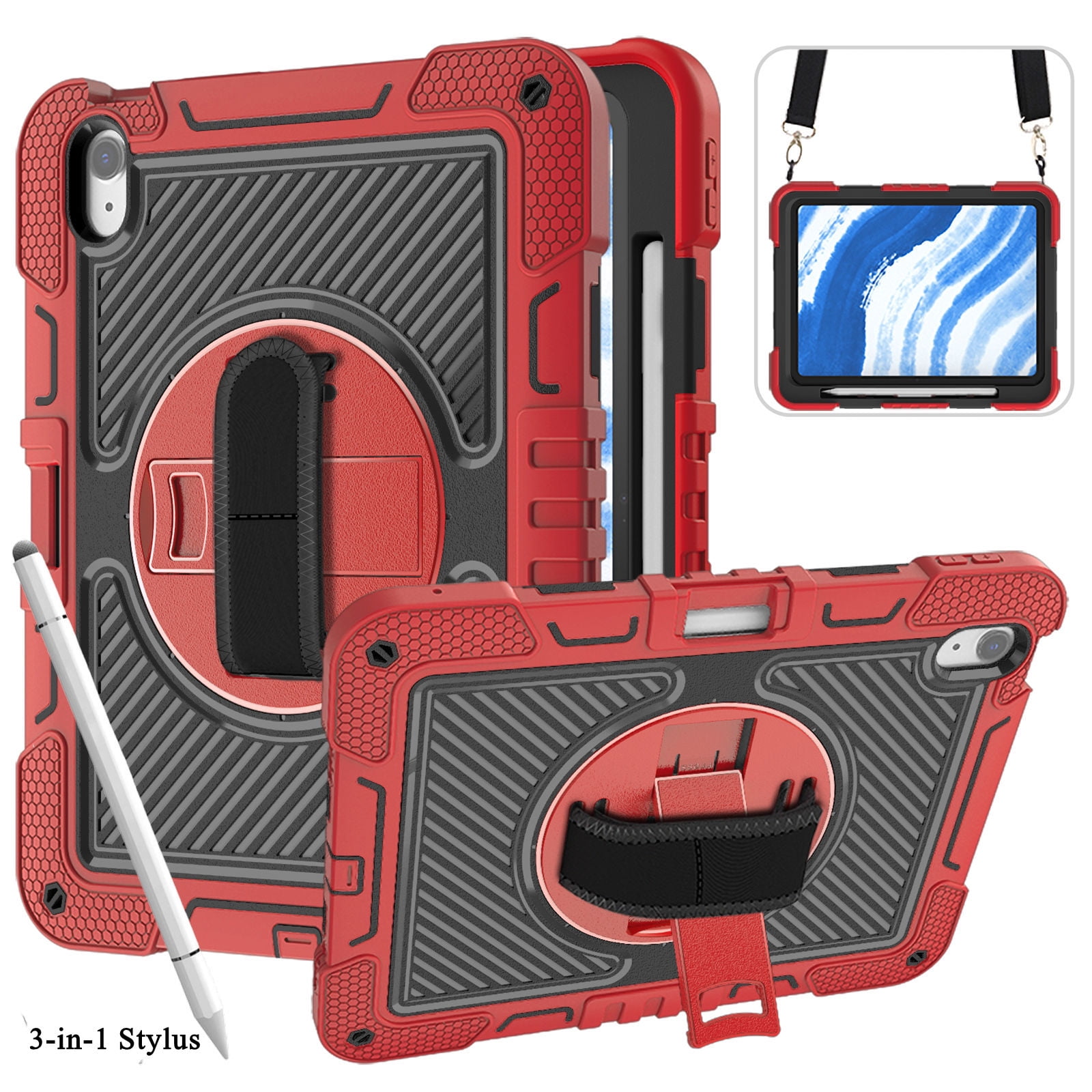 ELEHOLD Rugged Case For Apple iPad 11th(A16) 2025 With 3-in-1 Stylus Pens ,Three-Layer Hybrid  360° Rotating Kickstand Pencil Holder Handstrap Shoulder Strap Shockproof Case ,B
