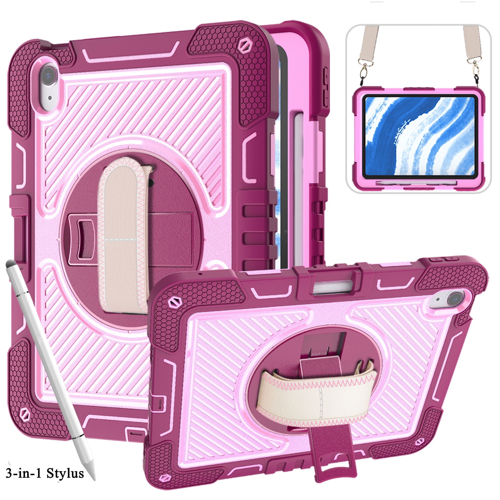 ELEHOLD Rugged Case For Apple iPad 11th(A16) 2025 With 3-in-1 Stylus Pens ,Three-Layer Hybrid  360° Rotating Kickstand Pencil Holder Handstrap Shoulder Strap Shockproof Case ,D